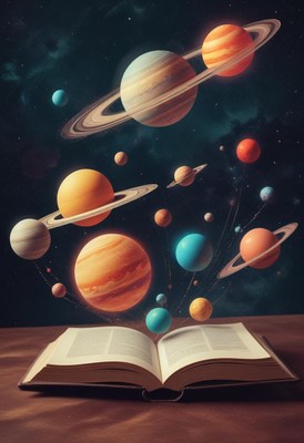 Planets rise from an open book