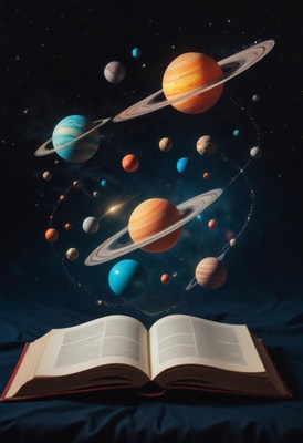 Planets emerge from an open book
