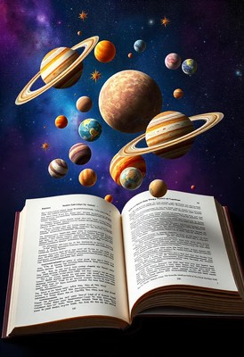 Planets emerge from a book in a space scene