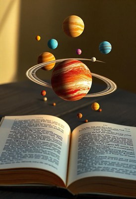 Planets float above an open book