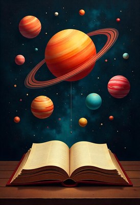 Planets float above an open book