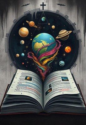 A book with a galaxy bursting from its pages