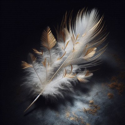 A white feather with gold accents rests on a dark surface