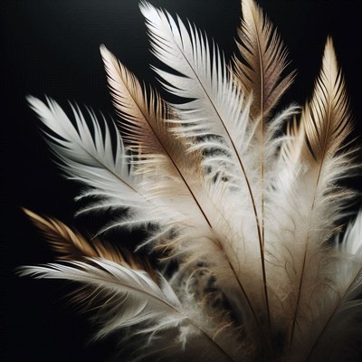 White and gold feathers against a black background