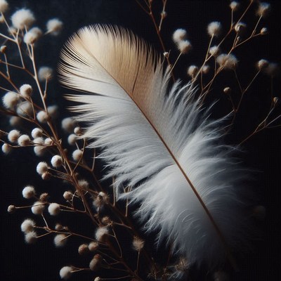 White feather on dried flowers, black backdrop