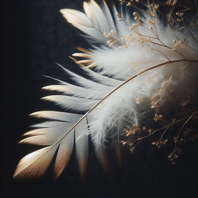 White feather with gold on black background