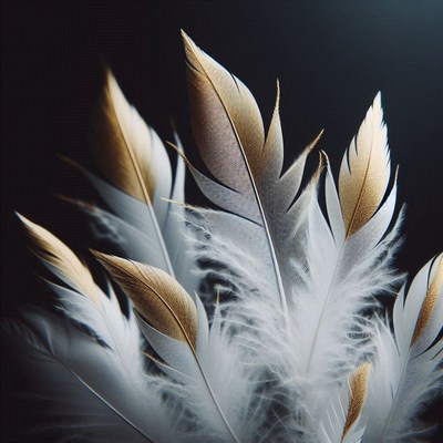 White and gold feathers against a dark background