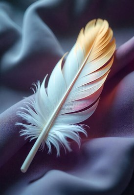 A white feather with a golden tip rests on a purple fabric