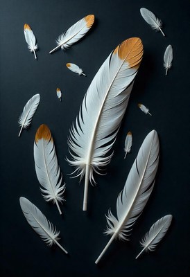 White feathers with gold tips on a dark background