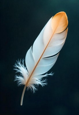 White feather with orange tip on black background