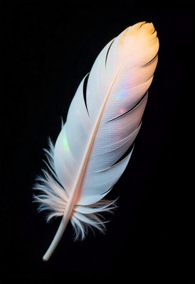 A single white feather against a black background