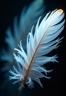 A single white feather against a dark background
