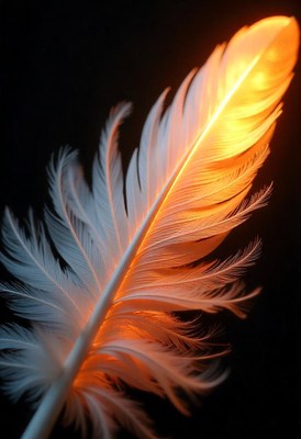 A white feather glows orange against a dark background