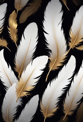 White and gold feathers on a black background