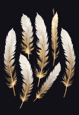 Seven gold and white feathers on a black background