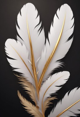 White feathers with gold tips against a black background