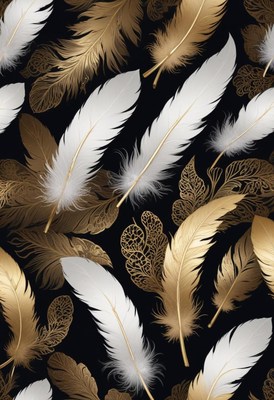Golden and white feathers on a black background