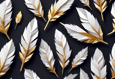 White and gold feathers on a black background