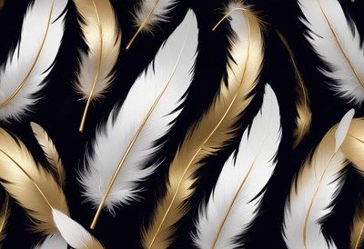 White and gold feathers on a black background