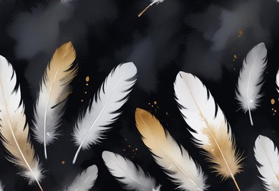 White and gold feathers float on a black background