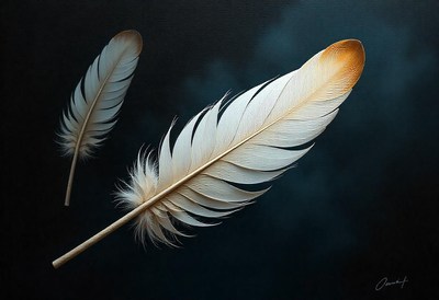 Two white feathers on a dark background