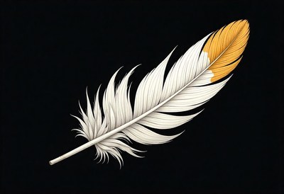 White feather with yellow tip on black background