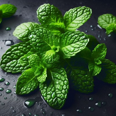 Fresh mint leaves on a black surface
