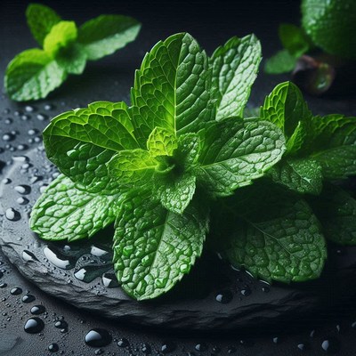 Fresh mint leaves on a black slate