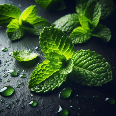 Fresh mint leaves on a black surface