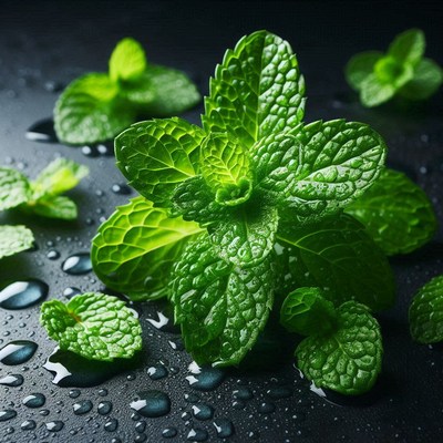 Fresh mint leaves on a black surface