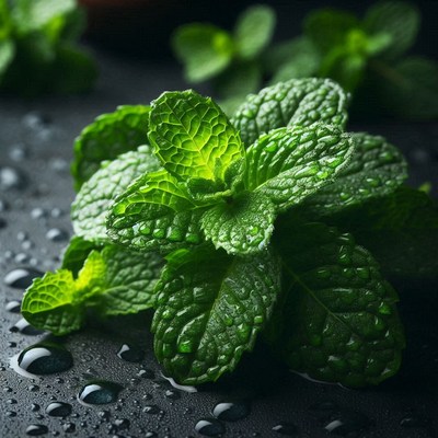 Fresh mint leaves with water droplets