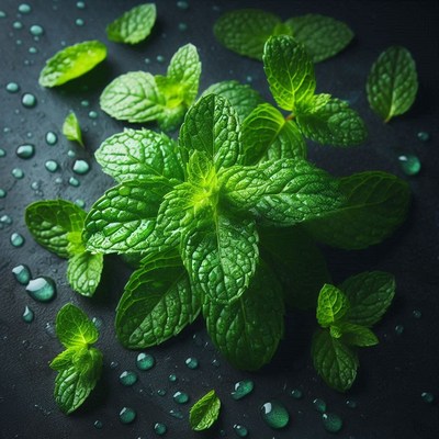 Fresh mint leaves on a dark surface with water droplets