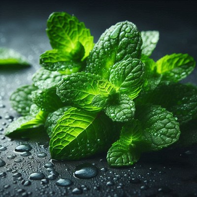 Fresh mint leaves on a wet surface