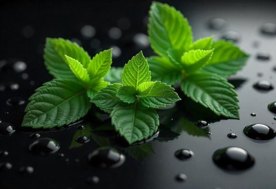 Fresh mint leaves on a black surface with water drops