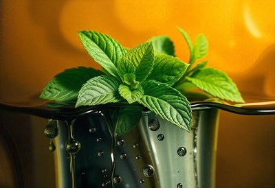 A sprig of fresh mint floats on water