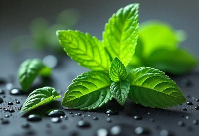Fresh mint leaves with water droplets