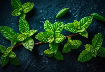Fresh mint leaves on a dark surface