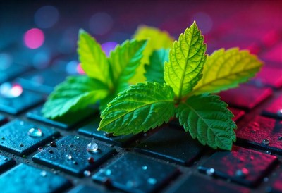 Green leaves on a keyboard with water droplets