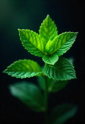 A fresh mint plant with dew drops on its leaves