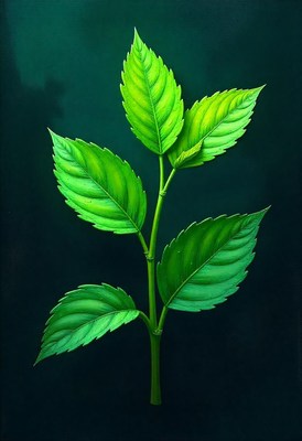 Green stem with five leaves on dark background