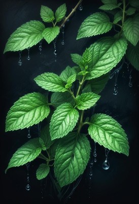 Fresh mint leaves with water droplets
