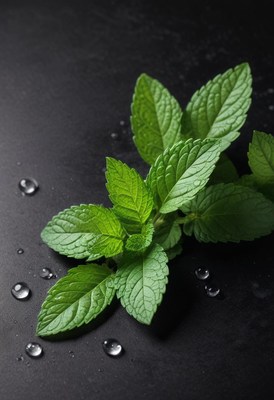 Fresh mint leaves on a black surface with water droplets