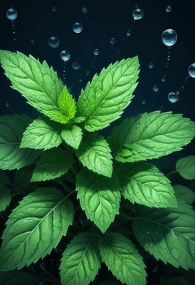 Fresh mint leaves are glistening with dew drops
