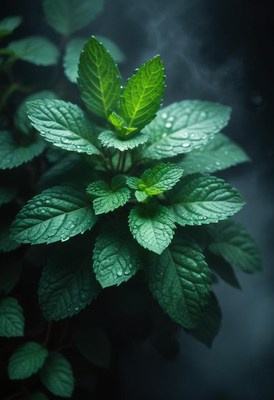 Fresh mint leaves glistening with dew