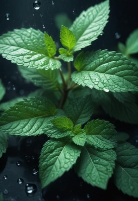 Fresh mint leaves with raindrops