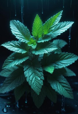 Green mint plant being watered in a dark room
