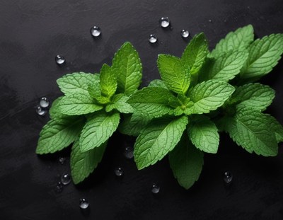 Fresh mint leaves on a black surface