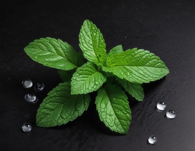 Fresh mint leaves on a black surface