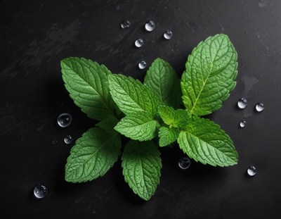 Fresh mint leaves on a black surface with water drops