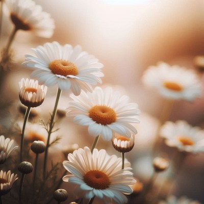 Daisies bloom in a field on a sunny afternoon